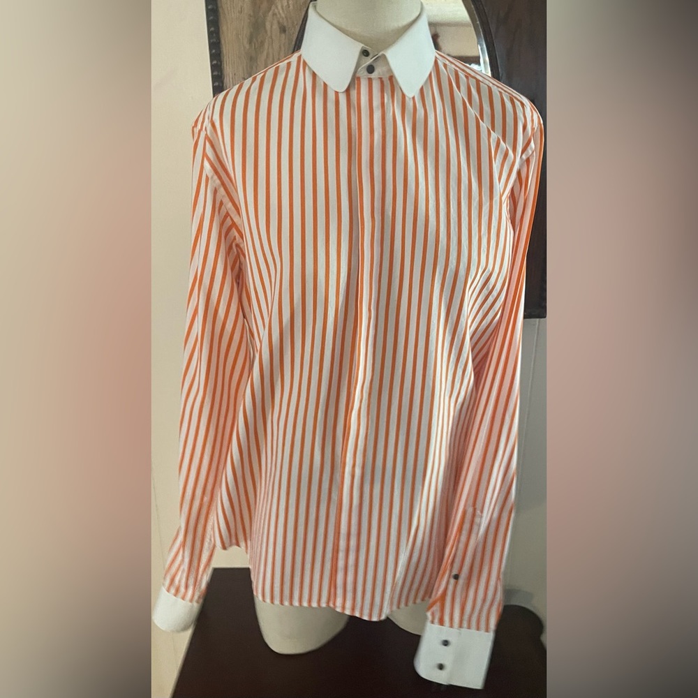 Thierry Mugler vintage Mens S snap button orange strips/wht collar and sleeves!